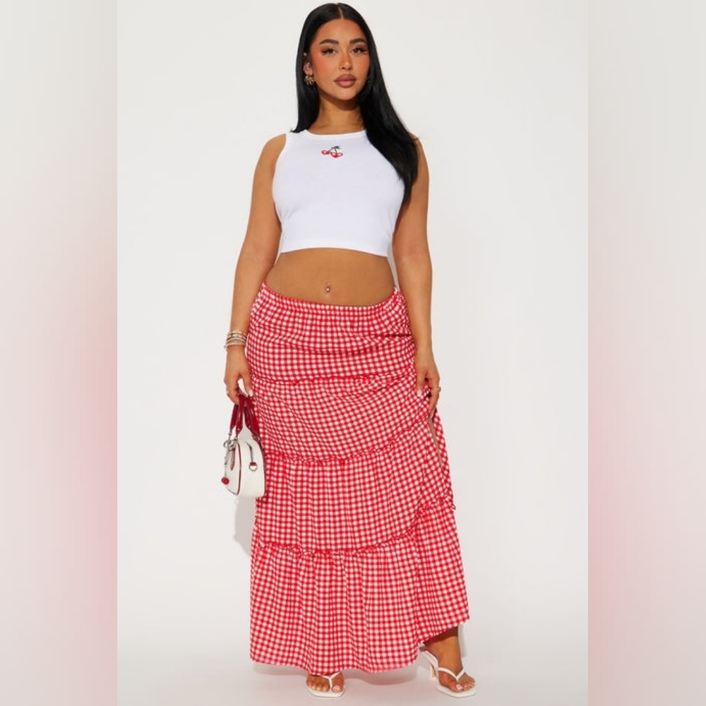 Chic Red Checkered Maxi Skirt Set  NWOT
